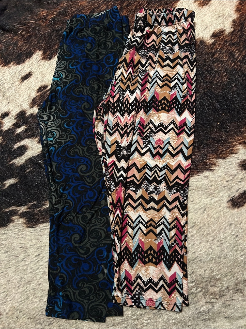 Multi-Pattern Women's Capri legging— Pink, Tan & Blue Chevron and Swirl Designs